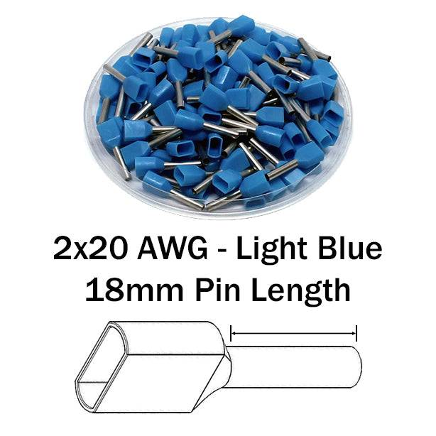 TT07518 - 20 AWG Twin Wire Ferrules, 18mm Pin, Light Blue, 500 Pieces