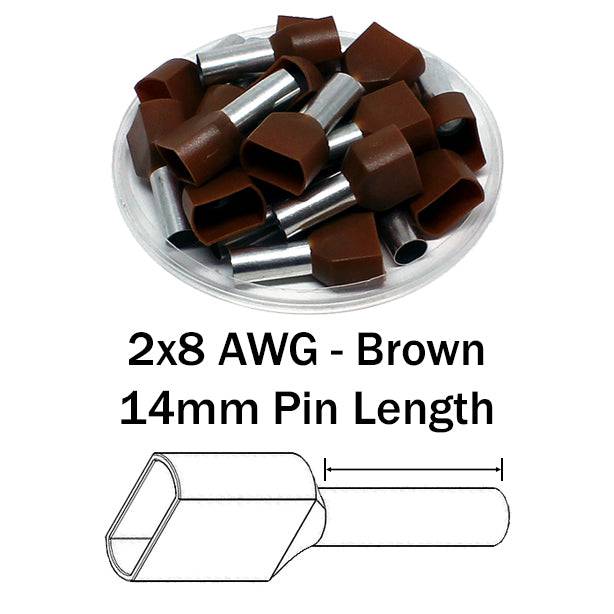 TT100014 - 8 AWG Twin Wire Ferrules, 14mm Pin, Brown, 100 Pieces