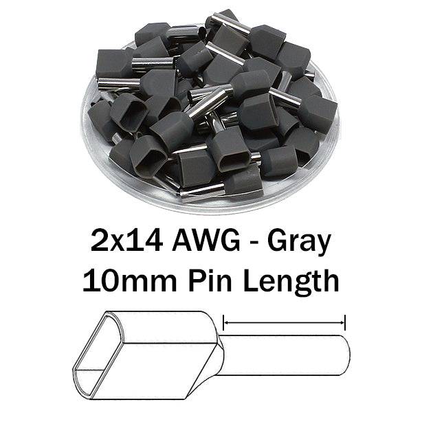 TT25010 - 14 AWG Twin Wire Ferrules, 10mm Pin, Gray, 500 Pieces