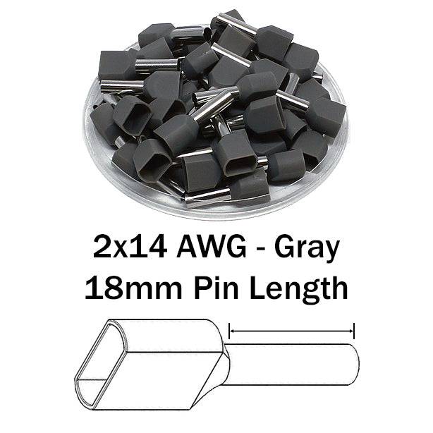TT25018 - 14 AWG Twin Wire Ferrules, 18mm Pin, Gray, 100 Pieces