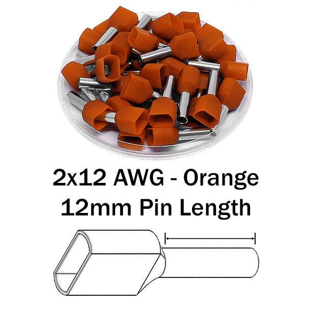 TT40012 - 12 AWG Twin Wire Ferrules, 12mm Pin, Orange, 100 Pieces