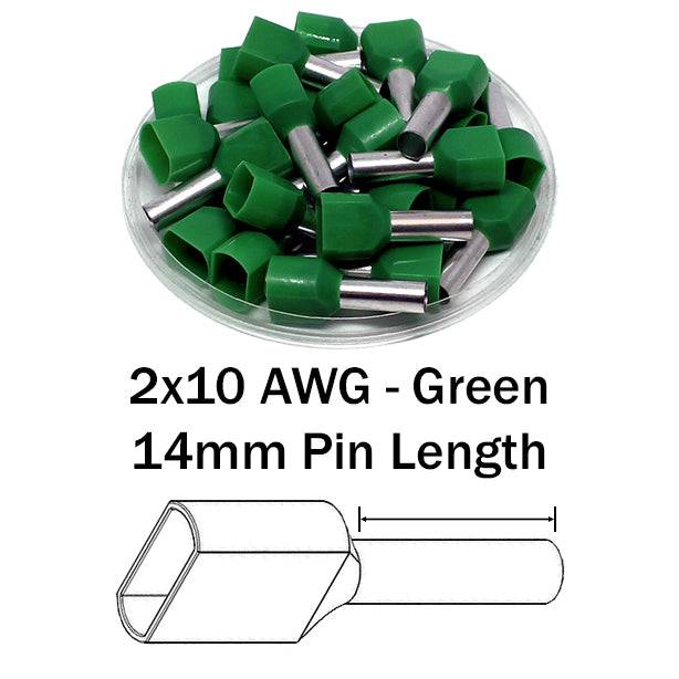 TT60014 - 10 AWG Twin Wire Ferrules, 14mm Pin, Green, 100 Pieces