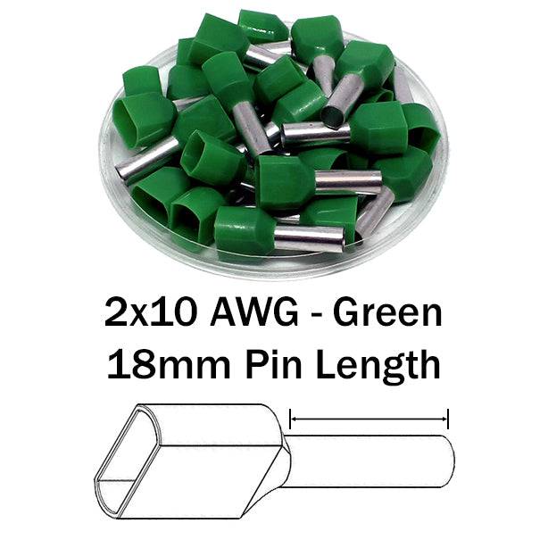 TT60018 - 10 AWG Twin Wire Ferrules, 18mm Pin, Green, 100 Pieces