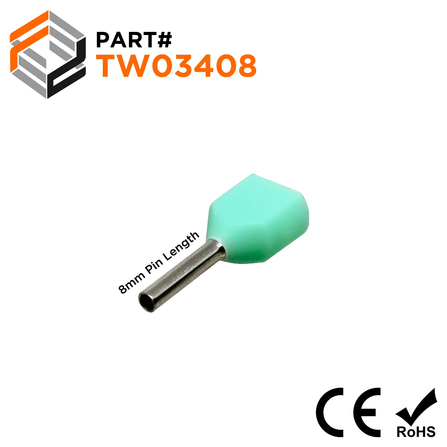 TW03408 - 2x24 & 22 AWG (8mm Pin) Twin Wire Ferrules - Turquoise, 500 Pieces
