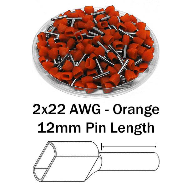 TW05012 - 22 AWG Twin Wire Ferrules, 12mm Pin, Orange, 500 Pieces