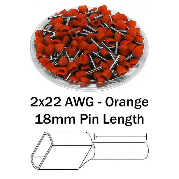 TW05018 - 2x22 AWG (18mm Pin) Twin Wire Ferrules - Orange, 500 Pieces