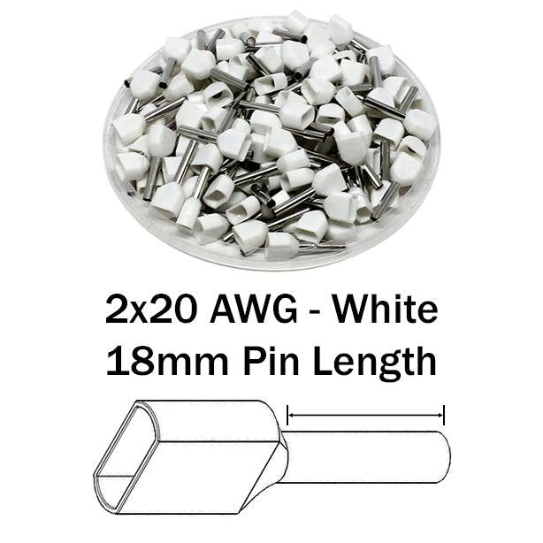 TW07518 - 20 AWG Twin Wire Ferrules, 18mm Pin, White, 500 Pieces
