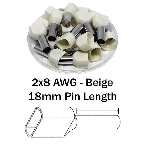 TW100018 - 2x8 AWG (18mm Pin) Twin Wire Ferrules - Beige, 100 Pieces