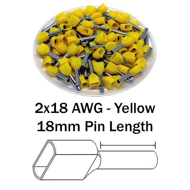 TW10018 - 18 AWG Twin Wire Ferrules, 18mm Pin, Yellow, 500 Pieces