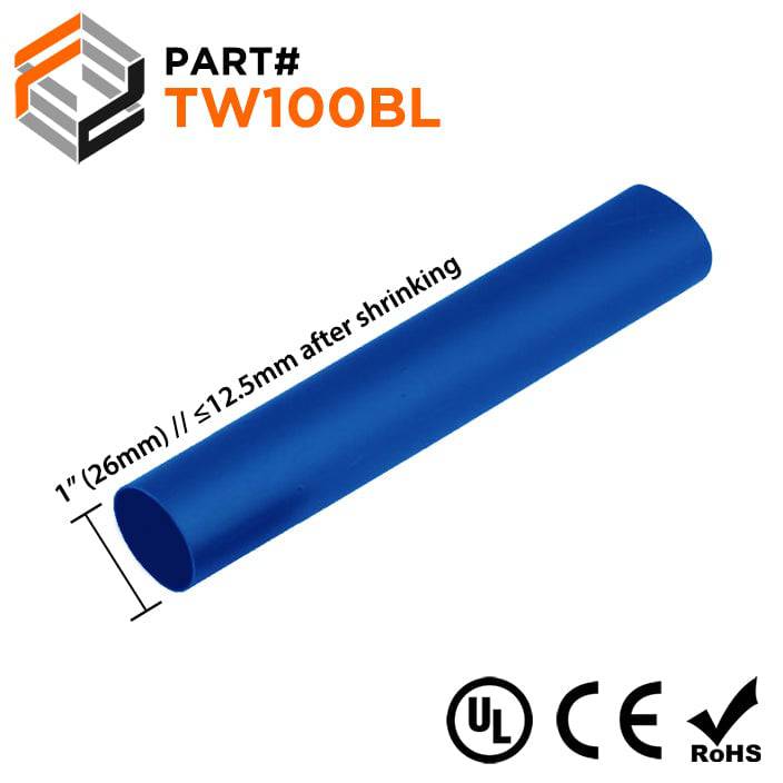 TW100BL - 1" Thin Wall Heat Shrink Tubing, 2:1 Shrink Ratio, Blue, Spool of 164ft