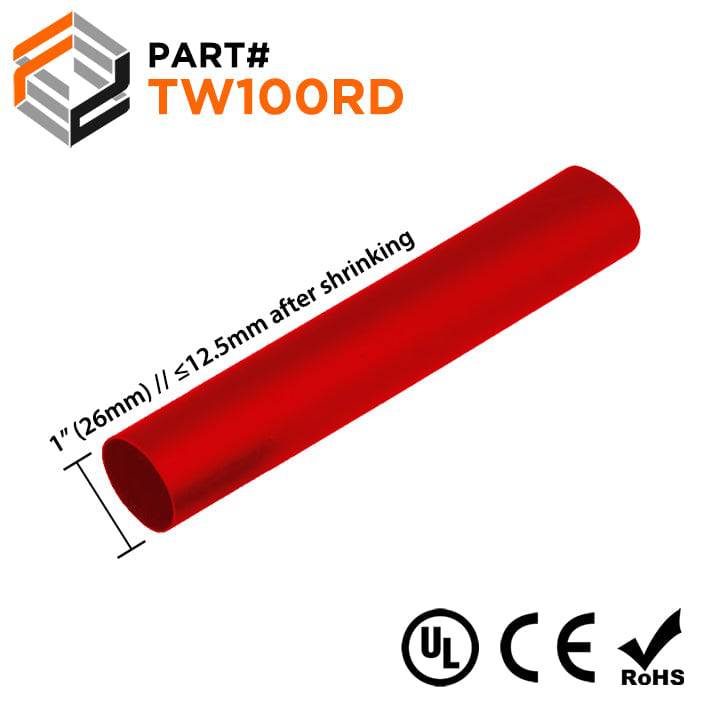 TW100RD - 1" Thin Wall Heat Shrink Tubing, 2:1 Shrink Ratio, Red, Spool of 100ft