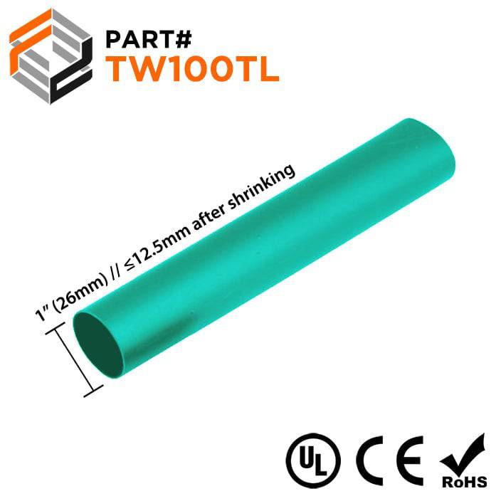 TW100TL - 1" Thin Wall Heat Shrink Tubing, 2:1 Shrink Ratio, Teal, Spool of 100ft