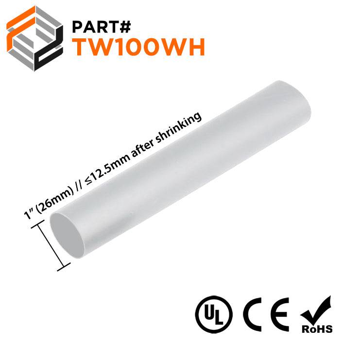 TW100WH - 1" Thin Wall Heat Shrink Tubing, 2:1 Shrink Ratio, White, Spool of 100ft
