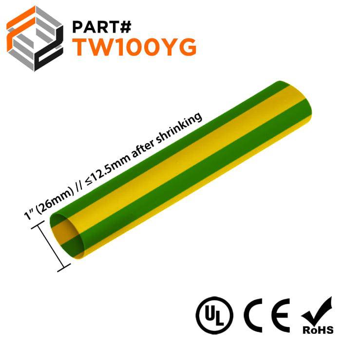 TW100YG - 1" Thin Wall Heat Shrink Tubing, 2:1 Shrink Ratio, Yellow/Green, Spool of 100ft
