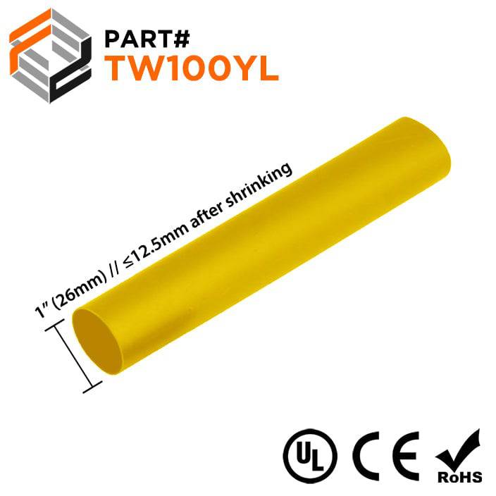 TW100YL - 1" Thin Wall Heat Shrink Tubing, 2:1 Shrink Ratio, Yellow, Spool of 100ft