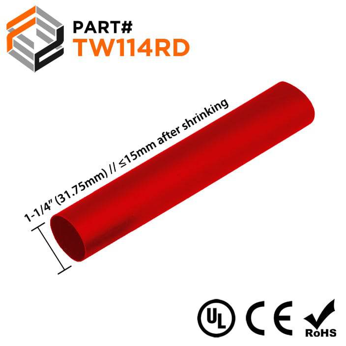 TW114RD - 1-1/4" Thin Wall Heat Shrink Tubing, 2:1 Shrink Ratio, Red, Spool of 100ft
