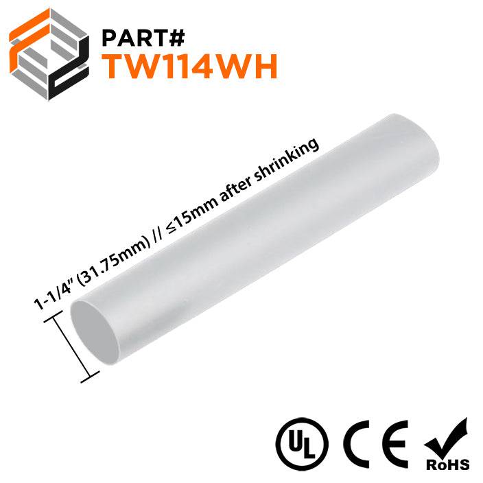 TW114WH - 1-1/4" Thin Wall Heat Shrink Tubing, 2:1 Shrink Ratio, White, Spool of 100ft