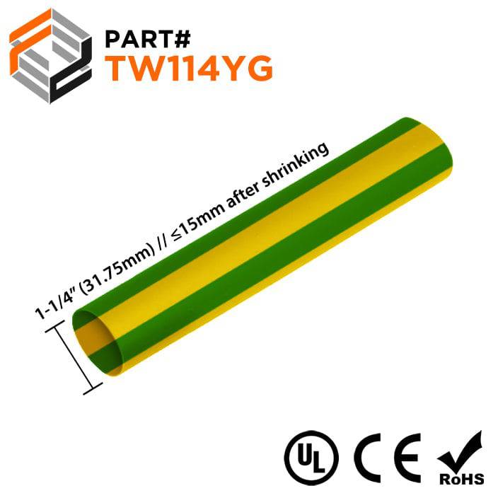 TW114YG - 1-1/4" Thin Wall Heat Shrink Tubing, 2:1 Shrink Ratio, Yellow/Green, Sold Per Foot