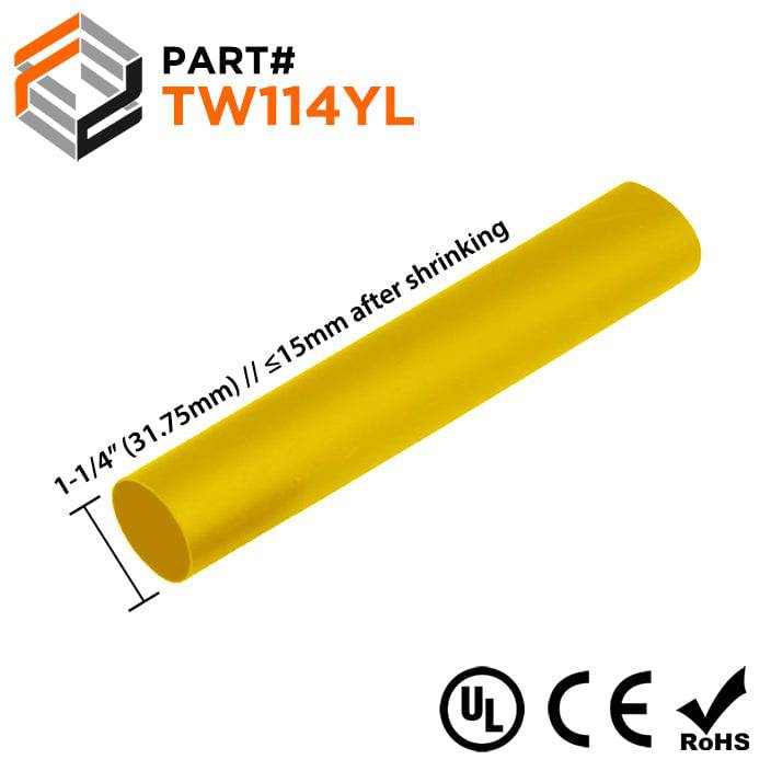 TW114YL - 1-1/4" Thin Wall Heat Shrink Tubing, 2:1 Shrink Ratio, Yellow, Sold Per Foot