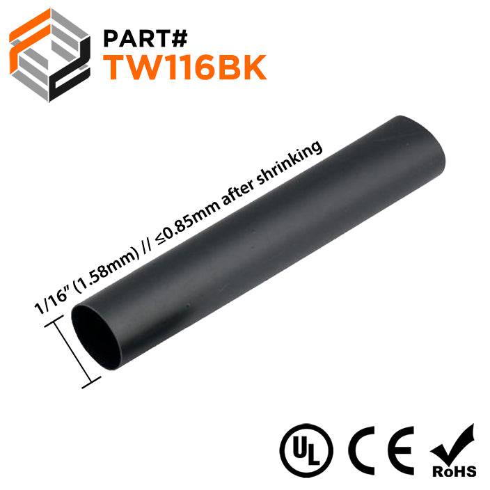 TW116BK - 1/16" Thin Wall Heat Shrink Tubing, 2:1 Shrink Ratio, Black, Spool of 500ft