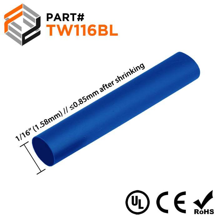 TW116BL - 1/16" Thin Wall Heat Shrink Tubing, 2:1 Shrink Ratio, Blue, Spool of 500ft