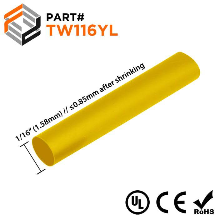 TW116YL - 1/16" Thin Wall Heat Shrink Tubing, 2:1 Shrink Ratio, Yellow, Spool of 500ft