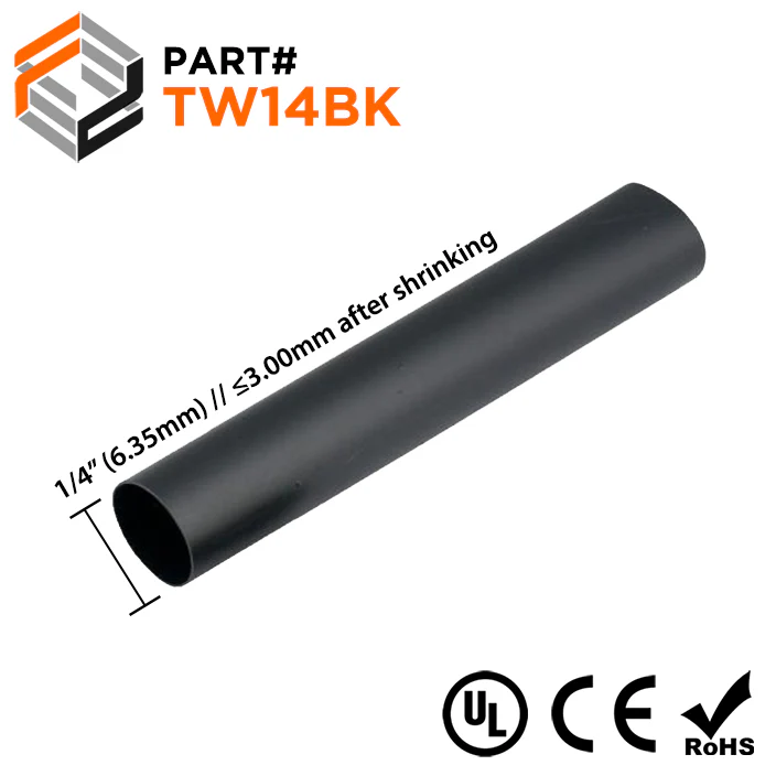 TW14BK - 1/4" Thin Wall Heat Shrink Tubing, 2:1 Shrink Ratio, Black, Sold Per Foot