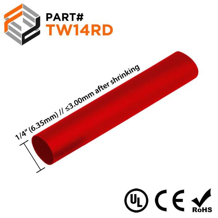 TW14RD - 1/4" Thin Wall Heat Shrink Tubing, 2:1 Shrink Ratio, Red, Spool of 250ft