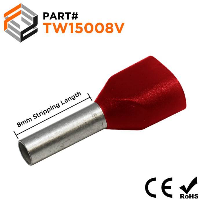 Z+F V30AE000623 - 2x16 AWG Twin Wire Ferrules, 8mm Pin, Red, 500 Pieces