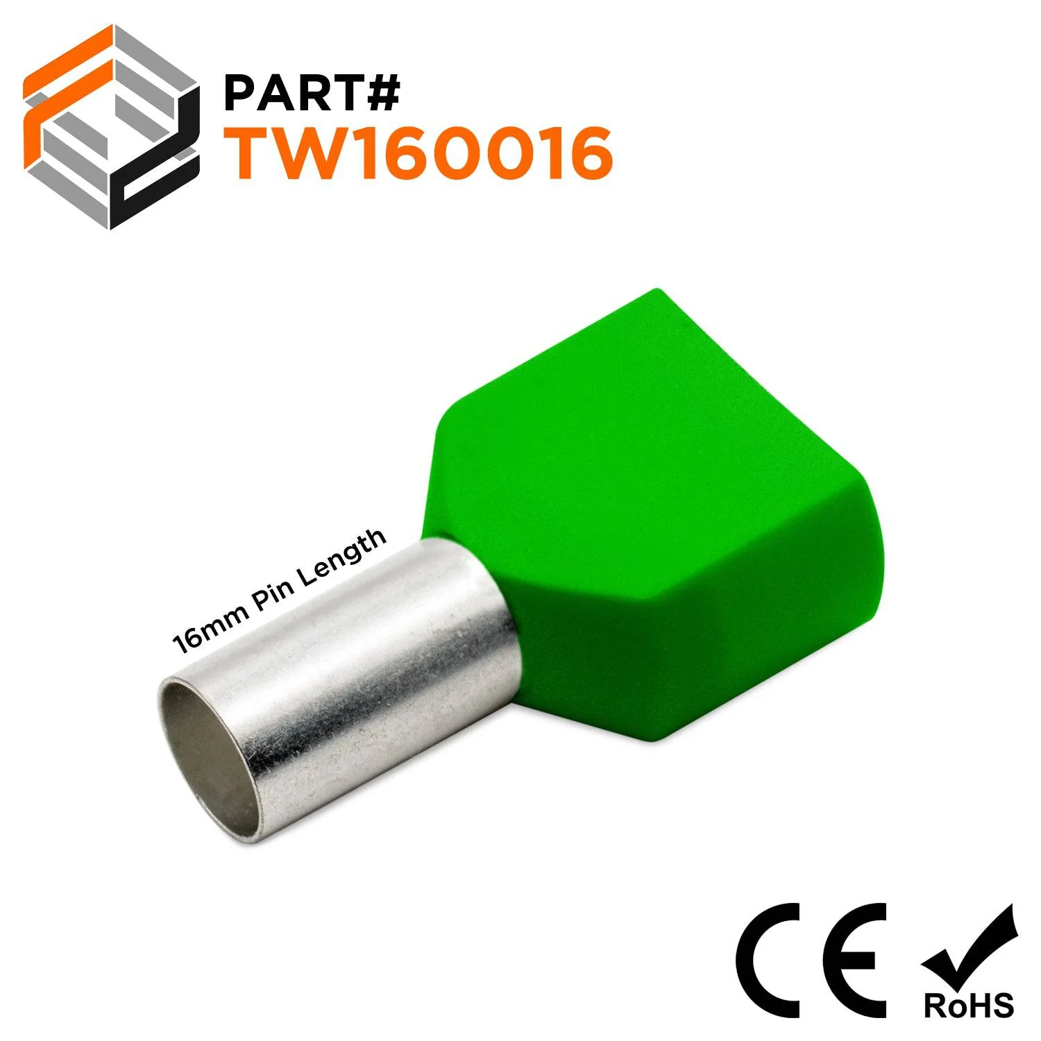 TW160016 - 6 AWG Twin Wire Ferrules, 16mm Pin, Green, 100 Pieces