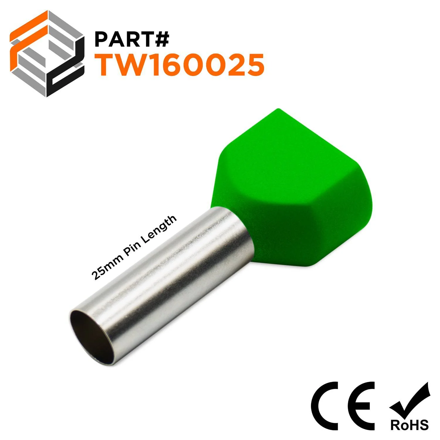 TW160025 - 2x6 AWG (25mm Pin) Twin Wire Ferrules - Green, 100 Pieces