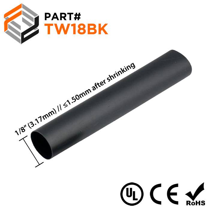 TW18BK - 1/8" Thin Wall Heat Shrink Tubing, 2:1 Shrink Ratio, Black, Spool of 656ft