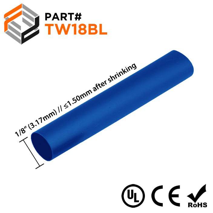 TW18BL - 1/8" Thin Wall Heat Shrink Tubing, 2:1 Shrink Ratio, Blue, Spool of 500ft