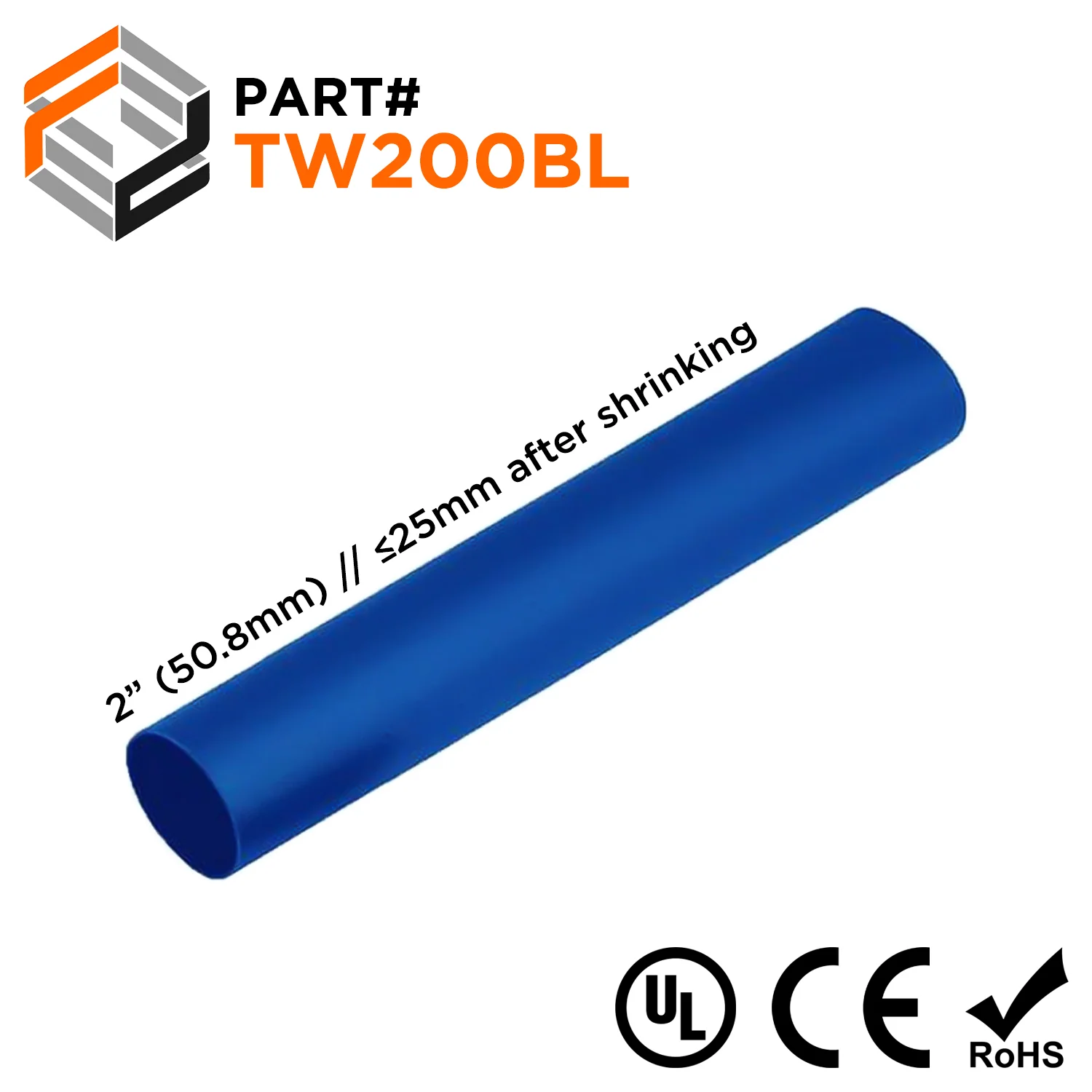 TW200BL - 2" Thin Wall Heat Shrink Tubing, 2:1 Shrink Ratio, Blue, Sold Per Foot