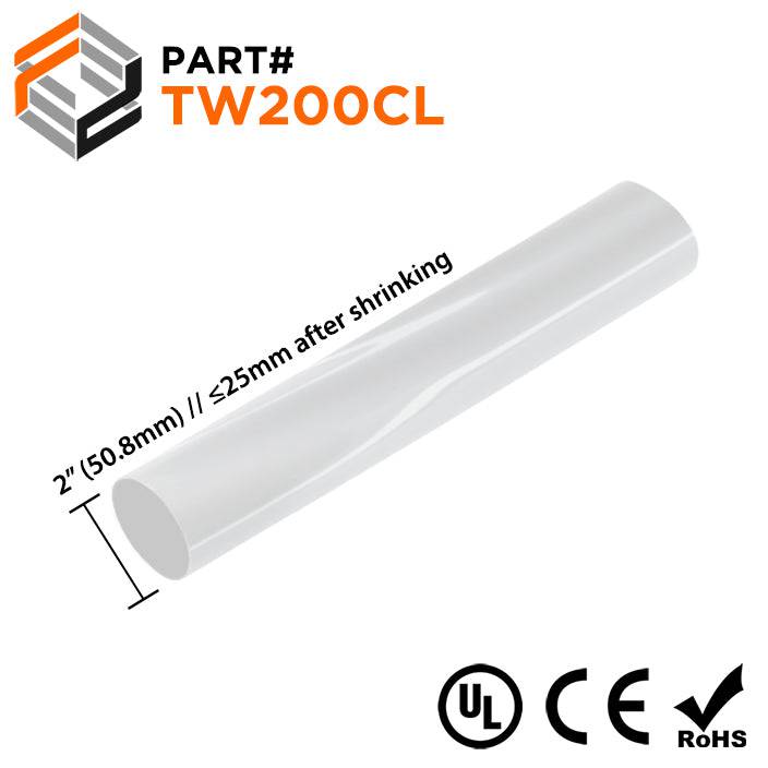 TW200CL - 2" Thin Wall Heat Shrink Tubing, 2:1 Shrink Ratio, Clear, Sold Per Foot