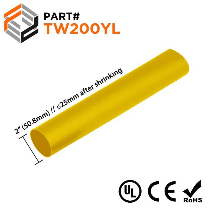 TW200YL - 2" Thin Wall Heat Shrink Tubing, 2:1 Shrink Ratio, Yellow, Sold Per Foot
