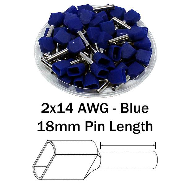 TW25018 - 14 AWG Twin Wire Ferrules, 18mm Pin, Blue, 100 Pieces
