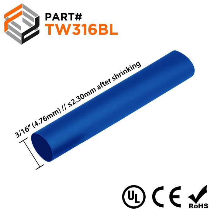 TW316BL - 3/16" Thin Wall Heat Shrink Tubing, 2:1 Shrink Ratio, Blue, Sold Per Foot