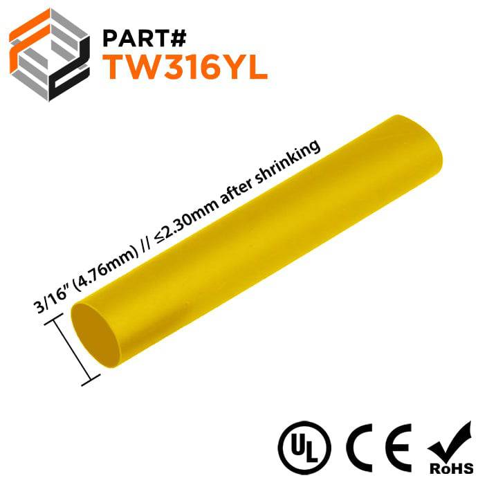 TW316YL - 3/16" Thin Wall Heat Shrink Tubing, 2:1 Shrink Ratio, Yellow, Spool of 250ft