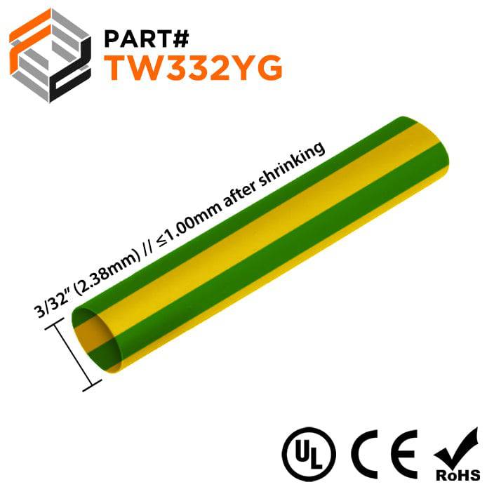 TW332YG - 3/32" Thin Wall Heat Shrink Tubing, 2:1 Shrink Ratio, Yellow/Green, Spool of 500ft