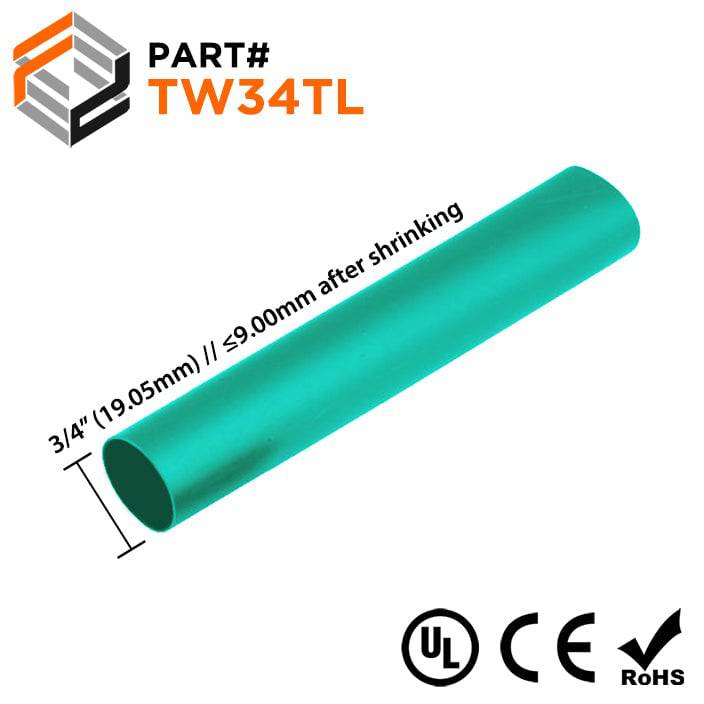 TW34TL - 3/4" Thin Wall Heat Shrink Tubing, 2:1 Shrink Ratio, Teal, Spool of 250ft