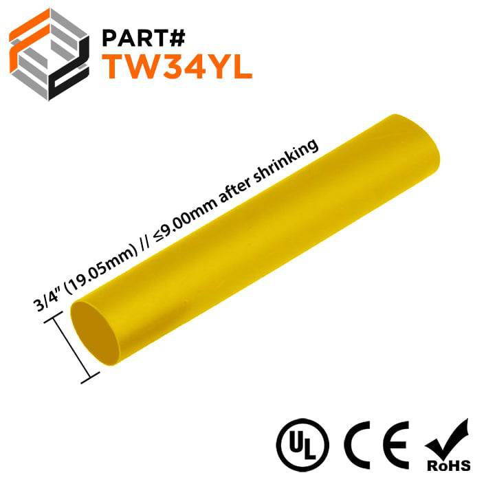 TW34YL - 3/4" Thin Wall Heat Shrink Tubing, 2:1 Shrink Ratio, Yellow, Spool of 250ft