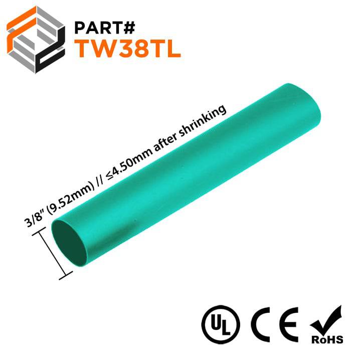 TW38TL - 3/8" Thin Wall Heat Shrink Tubing, 2:1 Shrink Ratio, Teal, Spool of 250ft