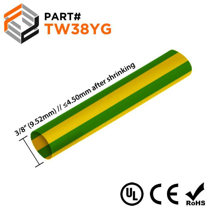 TW38YG - 3/8" Thin Wall Heat Shrink Tubing, 2:1 Shrink Ratio, Yellow/Green, Spool of 250ft
