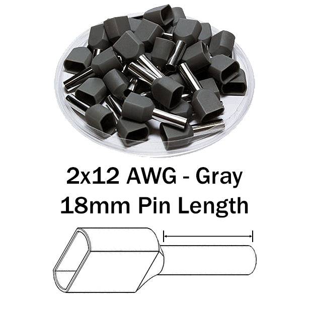 TW40018 - 12 AWG Twin Wire Ferrules, 18mm Pin, Gray, 100 Pieces