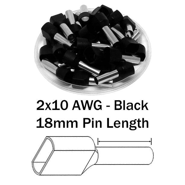 TW60018 - 10 AWG Twin Wire Ferrules, 18mm Pin, Black, 100 Pieces