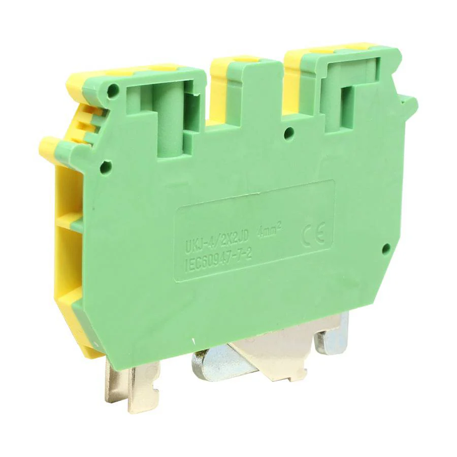 UKJ-4/2×2JD - 24 to 10 AWG Screw Clamp, Feed-Thru, Double In Double Out Terminal Block, UL Approved, Yellow-Green