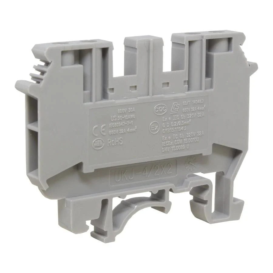 UKJ-4/2X2 - 24 to 10 AWG Screw Clamp, Feed-Thru, Double In Double Out Terminal Block, 660v, UL Approved, Gray