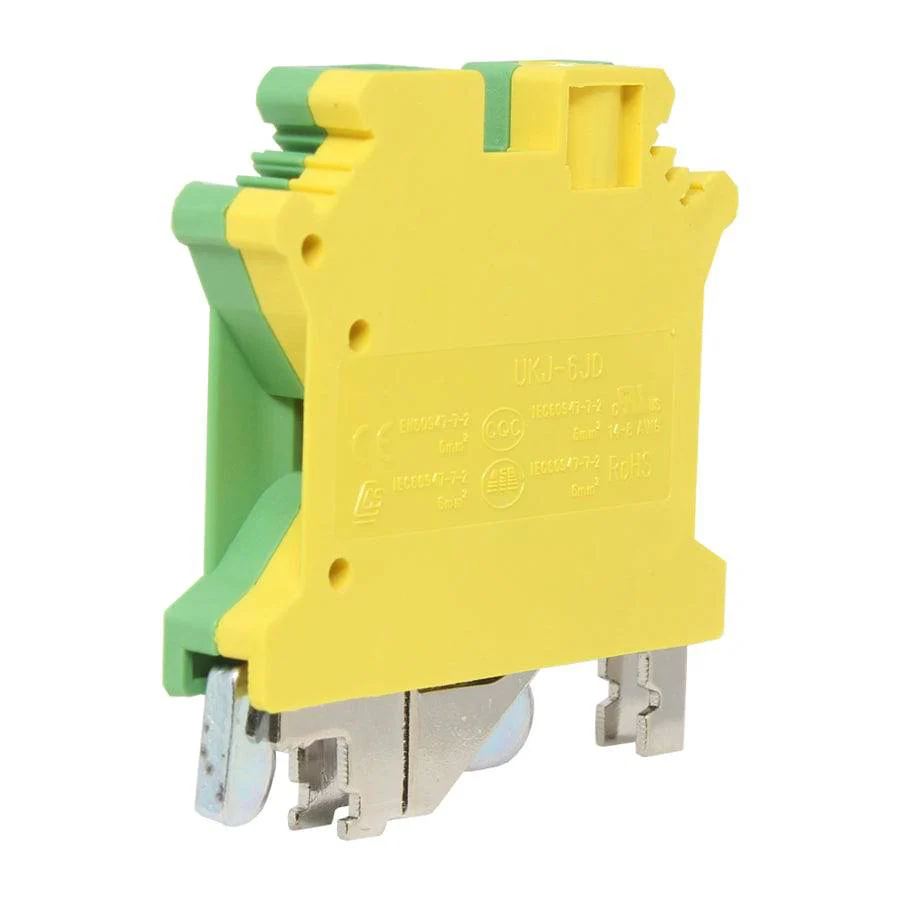 UKJ-6JD - 24 to 8 AWG Screw Clamp, Feed-Thru, Ground Terminal Block, UL Approved, Yellow-Green