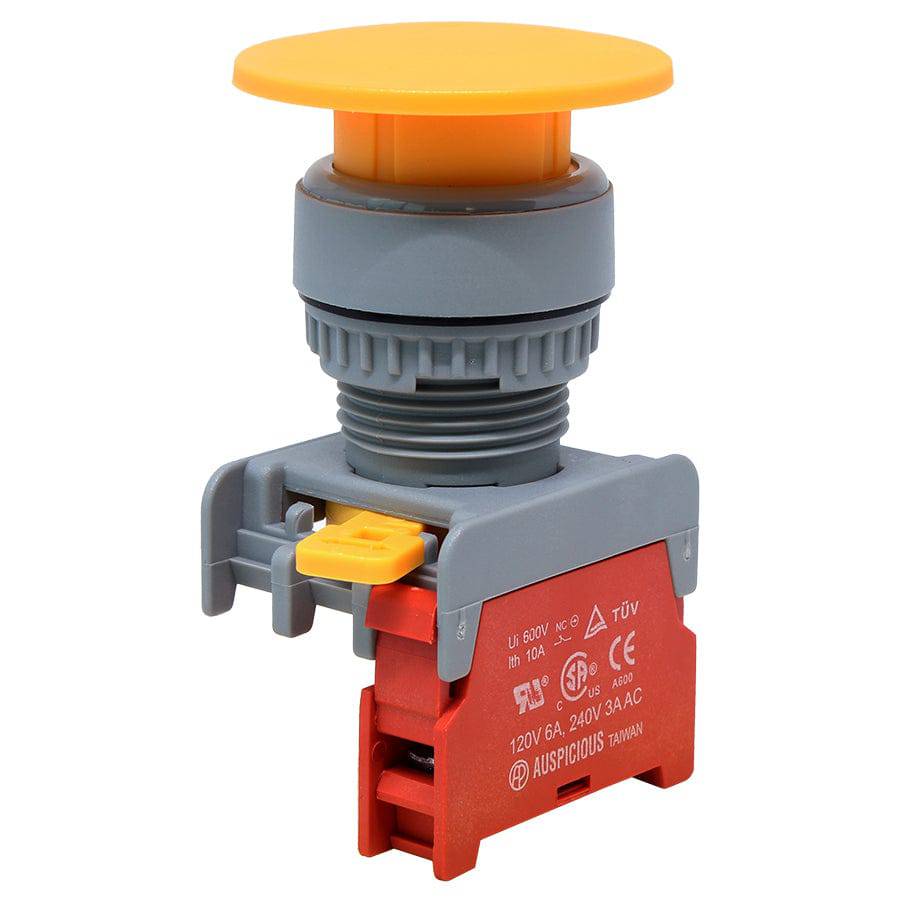 22mm Push Button - (NC) - 40mm Mushroom Head - Yellow - XE22-NC-YL